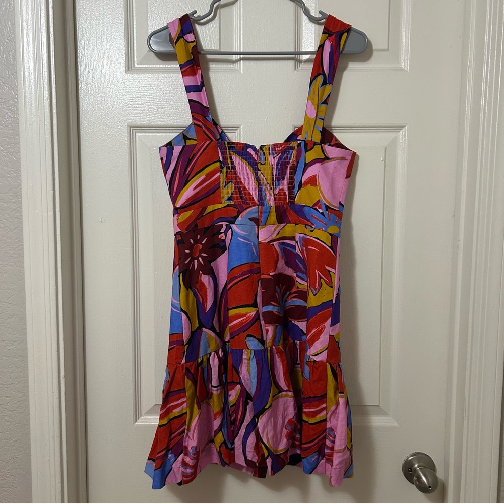 REBECCA VALLANCE Positano Tie-front Printed Linenblend Mini Dress in Pink Size 4 - Picture 3 of 13